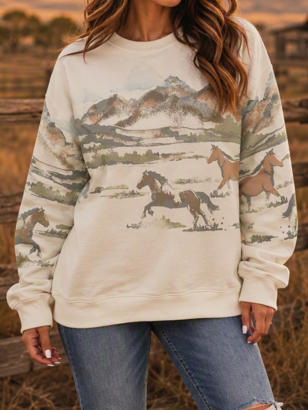 Women's Cream Graphic Wild Range Horses Sweatshirt